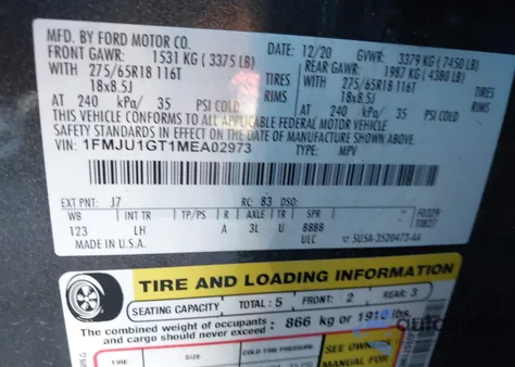 2021 Ford Expedition Xl из США, поврежденный, VIN 1FMJU1GT1MEA02973